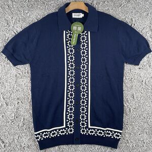 Oxknit Button Up Sweater Men’s Size Large Short Sleeve Preppy Designer Navy Blue